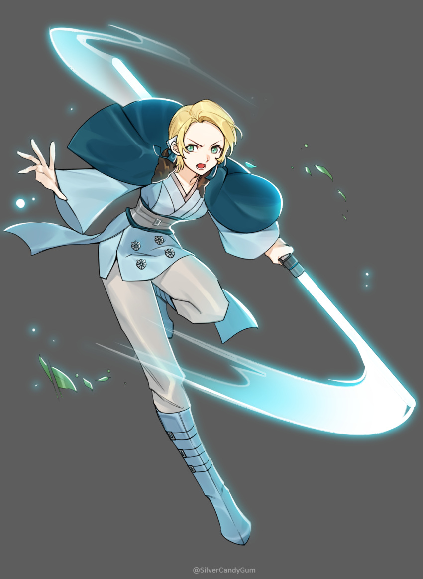 alternate_costume artist_name blonde_hair blue_dress blue_footwear blue_lightsaber boots breasts commentary double_bladed_lightsaber dress energy_sword female fire_emblem fire_emblem:_three_houses forehead full_body fur_trim green_eyes grey_background grey_pants highres holding_lightsaber ingrid_brandl_galatea lightsaber long_sleeves looking_at_viewer medium_breasts open_mouth pants short_dress short_hair silvercandy_gum simple_background solo star_wars sword watermark weapon wide_sleeves