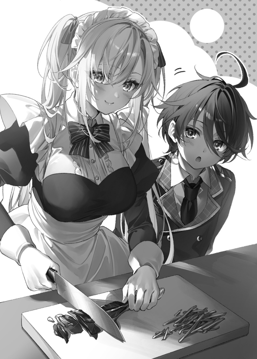 1boy :o ahoge apron bow breasts closed_mouth commentary_request cutting_board excalibur_academy_uniform female greyscale highres holding holding_knife knife leonis_death_magnus long_hair looking_at_another maid maid_apron maid_headdress monochrome necktie novel_illustration official_art puffy_sleeves regina_mercedes seiken_gakuin_no_maken_tsukai short_hair smile toosaka_asagi twintails