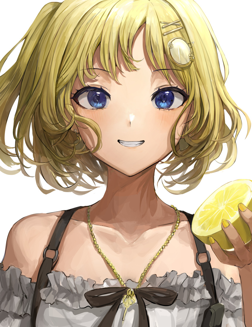 absurdres bare_shoulders black_ribbon blonde_hair blue_eyes blush chan1moon collarbone commentary female food fruit grin hair_ornament hairclip highres holding holding_food holding_fruit hololive hololive_english jewelry lemon looking_at_viewer necklace off_shoulder official_alternate_hairstyle portrait ribbon short_hair smile solo teeth upper_body virtual_youtuber watson_amelia watson_amelia_(street_casual) white_background x_hair_ornament yellow_nails