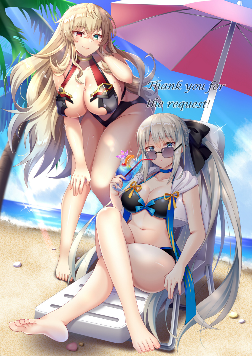 2girls barefoot barghest_(fate) beach beach_chair beach_umbrella bikini black_bikini blue_choker blue_eyes blue_sky breasts choker cleavage commentary_request crossed_legs cup day drink drinking_glass drinking_straw dutch_angle english_text fate/grand_order fate_(series) feet grey_hair hand_on_own_knee heterochromia highres huge_breasts large_breasts leaning_forward light_brown_hair long_hair looking_at_viewer looking_over_eyewear morgan_le_fay_(fate) multiple_girls navel ocean outdoors palm_tree red_eyes relaxing sand sitting sky soles standing sunglasses suzumia_(daydream) swimsuit thank_you tinted_eyewear toes tree umbrella very_long_hair