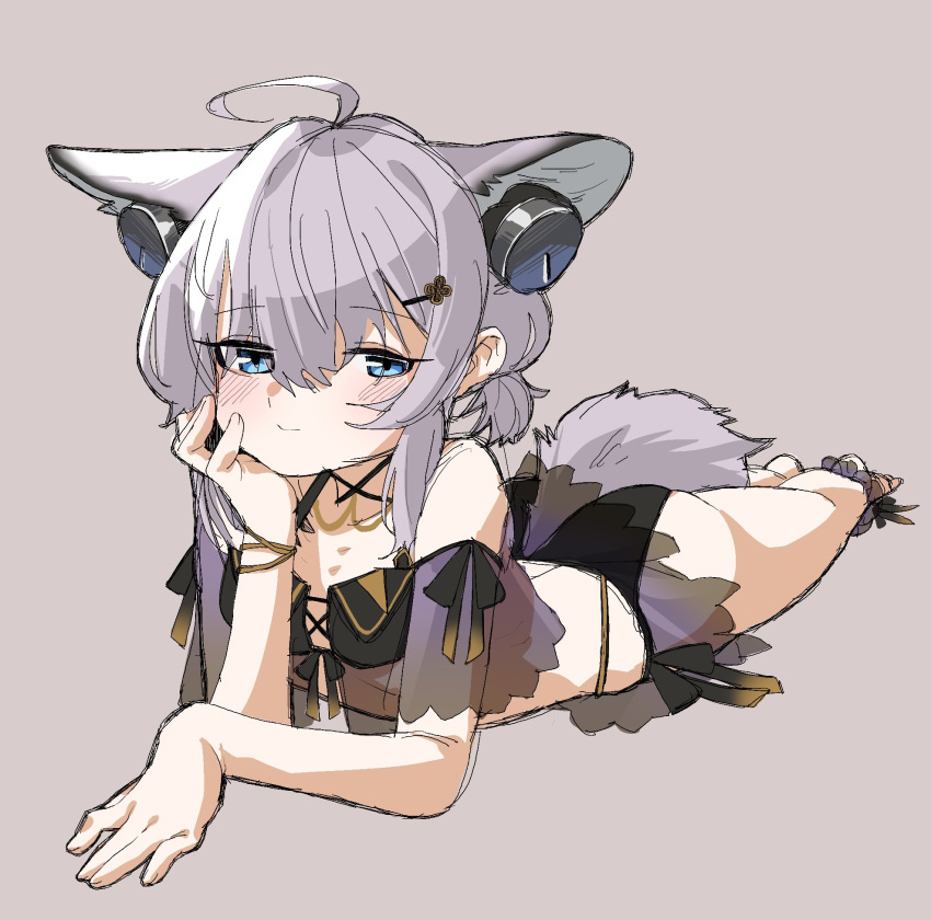 ahoge animal_ear_fluff animal_ears arknights ass bare_shoulders bikini black_bikini blue_eyes blush breasts closed_mouth commentary_request female fox_ears fox_girl fox_tail grey_background hair_between_eyes hand_up highres looking_at_viewer lying on_stomach purple_hair see-through shima_(wideshi_ma) simple_background small_breasts solo sussurro_(arknights) sussurro_(summer_flower)_(arknights) swimsuit tail