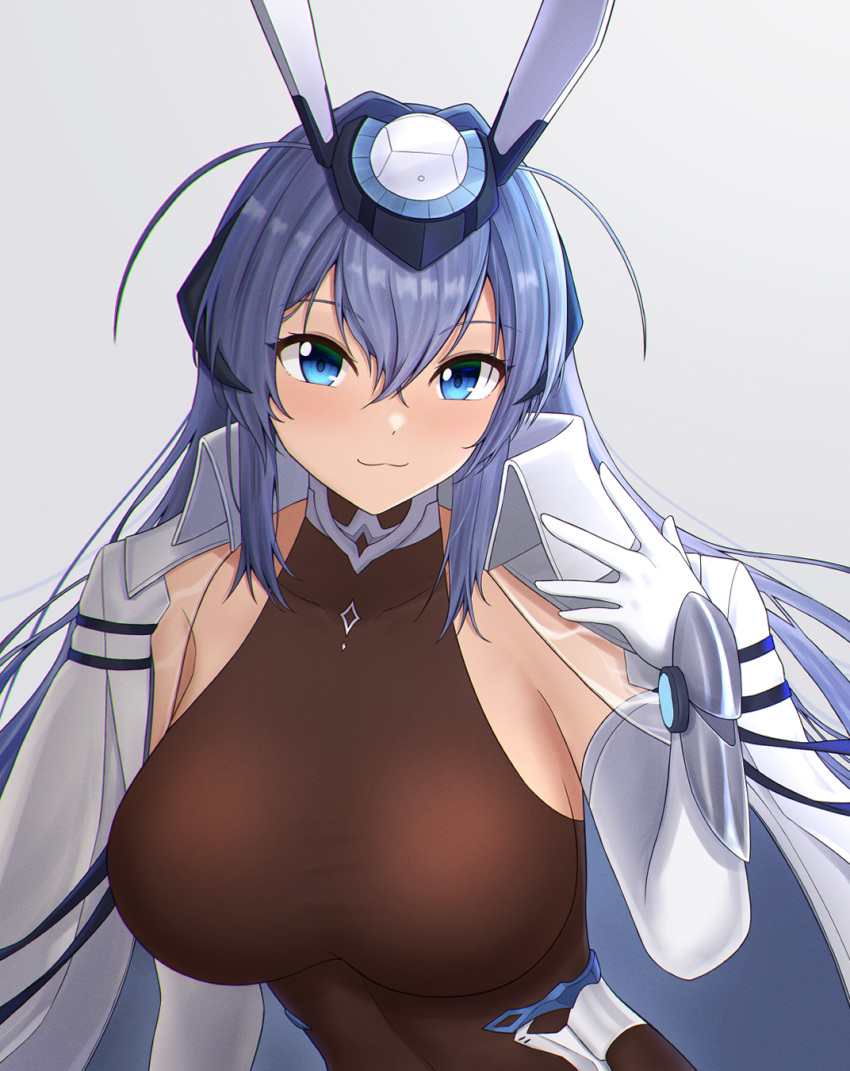 :3 azur_lane blue_eyes blue_hair bodystocking breasts cesvelox closed_mouth clothing_cutout coat coat_on_shoulders commentary covered_collarbone crossed_bangs dress elbow_gloves eyebrows_hidden_by_hair female gloves hair_between_eyes hair_intakes hand_up headgear highres large_breasts long_hair looking_at_viewer new_jersey_(azur_lane) side_cutout sidelocks simple_background smile solo standing taut_clothes vambraces very_long_hair white_background white_coat white_dress white_gloves