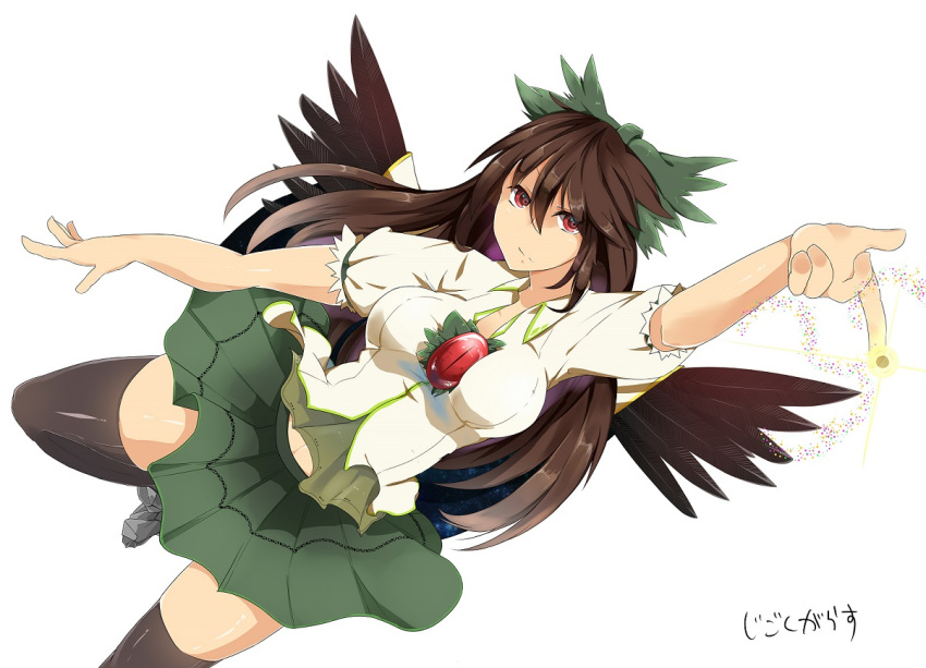 black_thighhighs black_wings bow breasts brown_hair cape closed_mouth collarbone collared_shirt feathered_wings female green_bow green_skirt hair_between_eyes hairbow looking_at_viewer medium_breasts mikomachi_(35machi) puffy_short_sleeves puffy_sleeves red_eyes reiuji_utsuho shirt short_sleeves simple_background skirt solo thighhighs third_eye_on_chest touhou white_background white_cape white_shirt wings