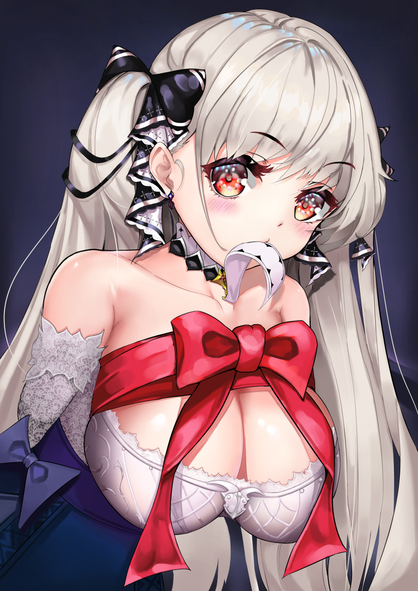 absurdres azur_lane bad_id bad_pixiv_id bare_shoulders black_ribbon breasts cleavage collarbone commentary_request female formidable_(azur_lane) grey_hair highres large_breasts long_hair looking_at_viewer mouth_hold partial_commentary red_eyes red_ribbon ribbon solaris_(sinhyg) solo twintails two-tone_ribbon white_ribbon