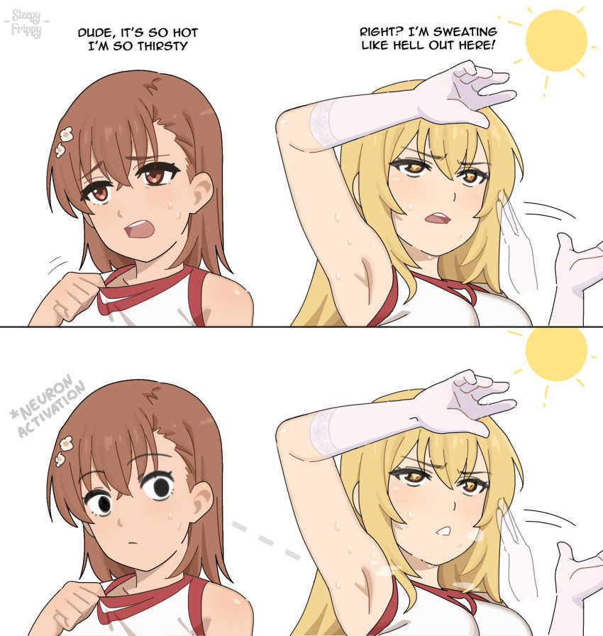 2girls armpits artist_name blonde_hair breasts brown_eyes brown_hair collarbone elbow_gloves fanning_self gloves hair_ornament highres hot large_breasts long_hair meme misaka_mikoto multiple_girls neuron_activation_(meme) shirt shokuhou_misaki short_hair sleepy_frippy star-shaped_pupils star_(symbol) staring sun sweat symbol-shaped_pupils toaru_kagaku_no_railgun toaru_majutsu_no_index tokiwadai_school_gym_uniform white_gloves yuri