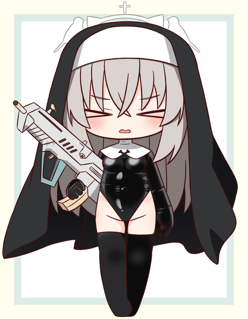 >_< assault_rifle black_gloves black_leotard black_thighhighs blue_archive blush border breasts brown_border brown_hair bullpup chibi closed_eyes covered_navel cross facing_viewer female full_body gloves groin gun hair_between_eyes hana_kazari highres holding holding_gun holding_weapon iwi_tavor latin_cross leotard long_hair medium_breasts no_shoes parted_lips rifle sakurako_(blue_archive) solo standing thighhighs v-shaped_eyebrows veil very_long_hair wavy_mouth weapon white_background