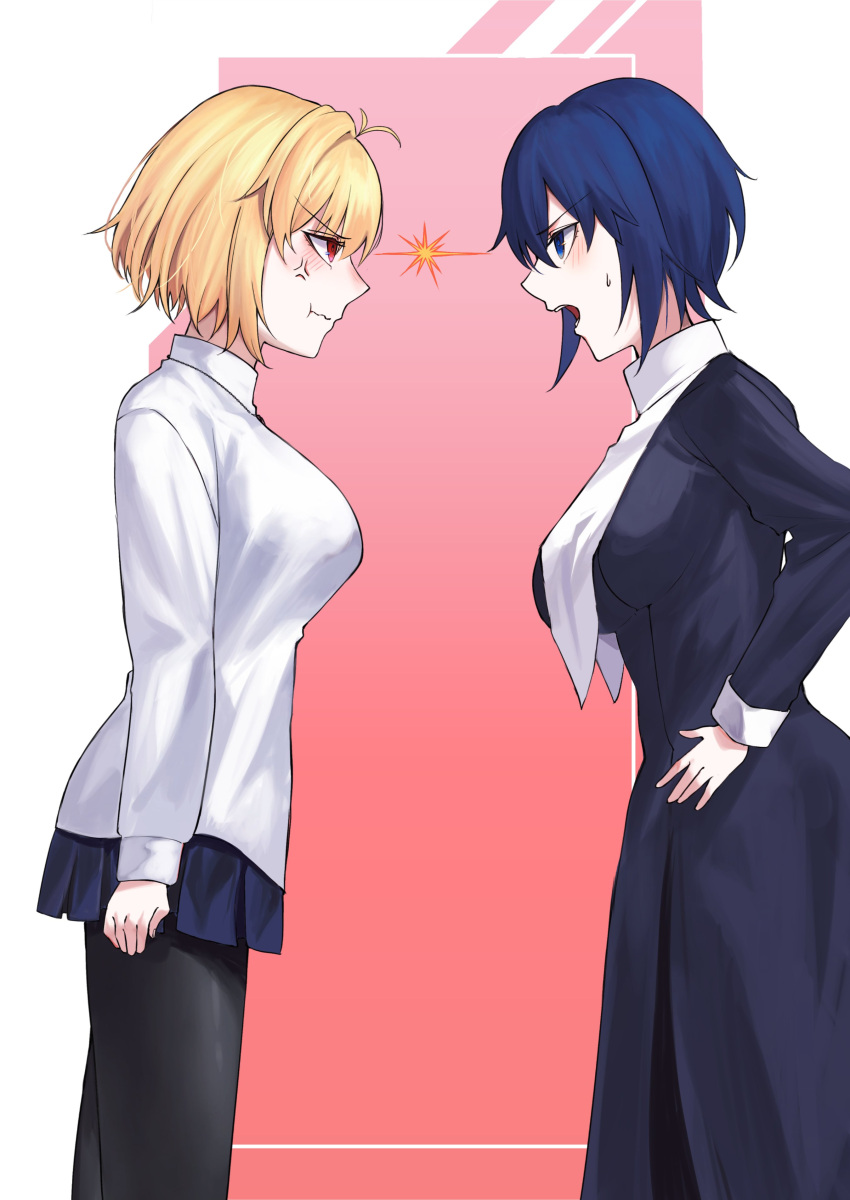 2girls :t absurdres arcueid_brunestud black_pantyhose blonde_hair blue_eyes blue_hair blue_skirt blush breasts ciel_(tsukihime) commentary_request eye_contact from_side highres hirekatsu-kan large_breasts lightning_glare looking_at_another multiple_girls open_mouth pantyhose pleated_skirt pout red_background red_eyes short_hair skirt standing sweat sweater tsukihime tsukihime_(remake) two-tone_background v-shaped_eyebrows wavy_mouth white_background white_sweater