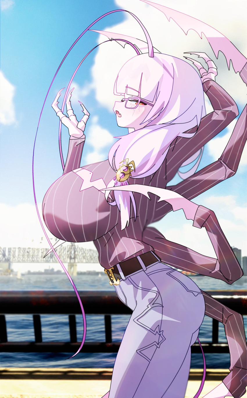 absurdres antenna_hair arthropod_girl arthropod_limbs belt blue_sky blunt_bangs breasts cloud cockroach_girl commentary denim english_commentary female glasses gurumie highres huge_breasts jeans long_hair matara_kan matara_kan_(casual) monster_girl oerba_yun_fang outdoors pants purple_hair red_eyes skin_fang sky slit_pupils solo standing virtual_youtuber vshojo