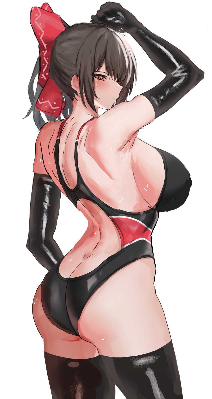 absurdres armpits ass back black_gloves black_thighhighs bow breasts brown_hair elbow_gloves enmimontoria from_behind gloves hakurei_reimu hand_up highleg highleg_one-piece_swimsuit highres huge_breasts looking_to_the_side monokini one-piece_swimsuit red_bow red_eyes sideboob simple_background sweat swimsuit thighhighs touhou white_background