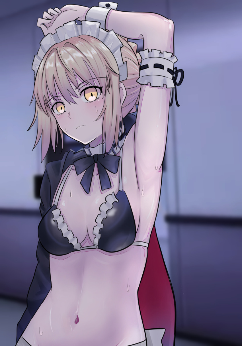 absurdres arm_up armband armpits artoria_pendragon_(alter_swimsuit_rider)_(fate) artoria_pendragon_(alter_swimsuit_rider)_(second_ascension)_(fate) artoria_pendragon_(fate) bikini black_bikini blonde_hair blush breasts fate/grand_order fate_(series) female frilled_armband frilled_bikini frills highres longdq3008 looking_at_viewer maid maid_bikini maid_headdress medium_breasts navel presenting_armpit solo sweatdrop swimsuit unconventional_maid yellow_eyes