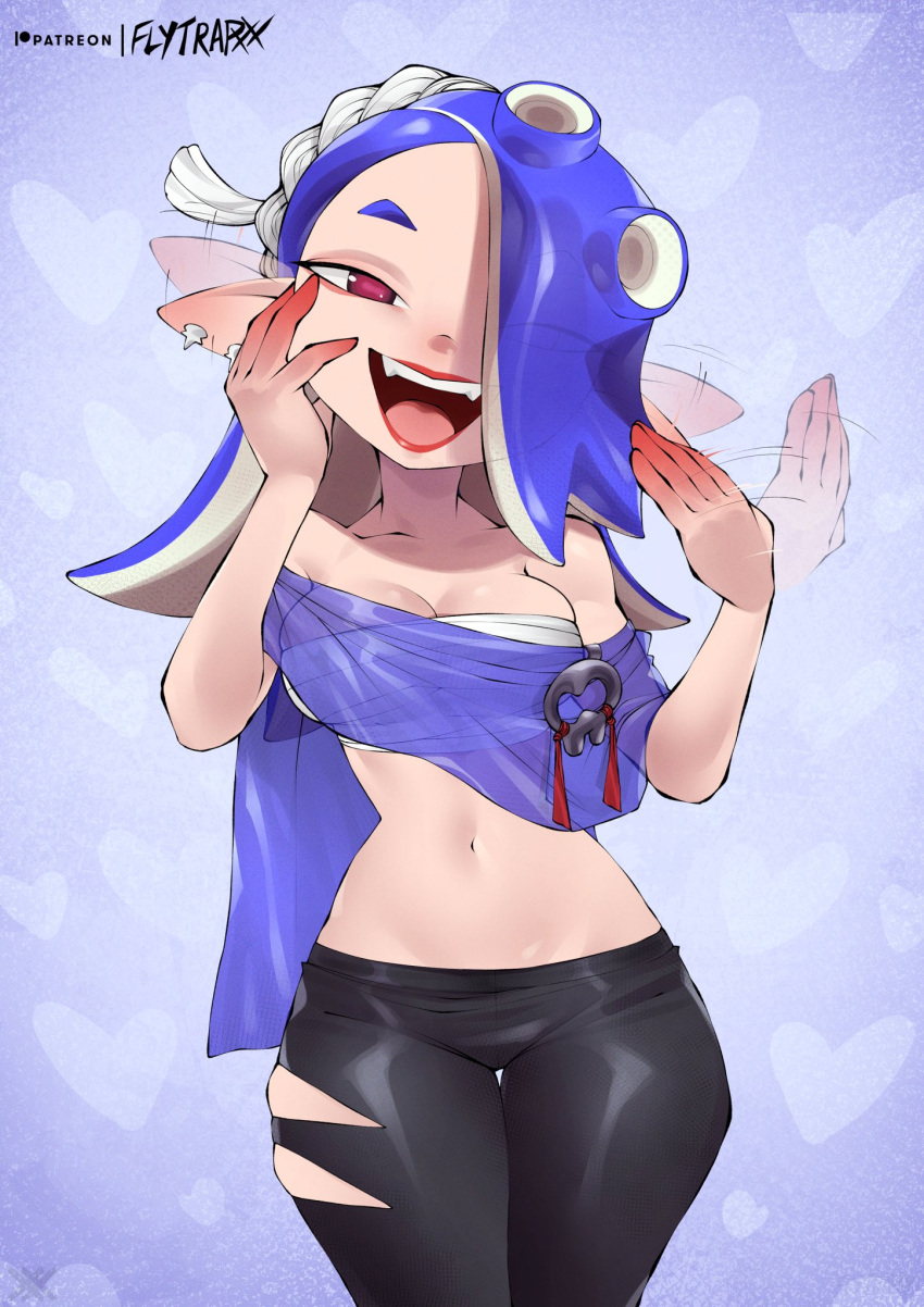 artist_name black_pants blue_background blue_hair blue_shawl breasts cephalopod_eyes chest_sarashi commentary earrings english_commentary female flytrapxx hair_over_one_eye hairband heart heart_background highres jewelry large_breasts long_hair motion_lines multiple_earrings navel octoling open_mouth pants patreon_username pointy_ears red_eyes red_lips red_pupils sarashi shawl shiver_(splatoon) skindentation smile solo splatoon_(series) splatoon_3 standing teeth tentacle_hair torn_clothes torn_pants twitter_username upper_teeth_only white_hairband