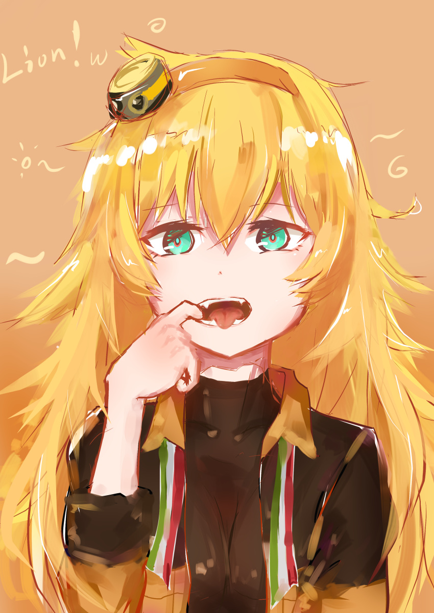 absurdres blonde_hair blush breasts female finger_in_own_mouth girls'_frontline green_eyes hairband highres italian_flag italian_flag_print long_hair looking_at_viewer making_faces melody-05 messy_hair mouth_pull oerba_yun_fang open_clothes open_mouth orange_hairband print_ribbon ribbon s.a.t.8_(girls'_frontline) sleeves_rolled_up solo teeth tongue tongue_out turtleneck very_long_hair