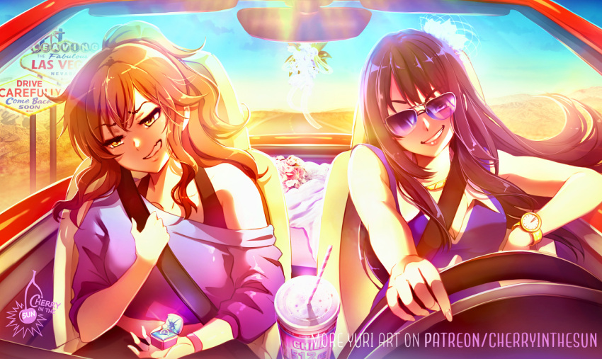 2girls black_hair blue_sky brown_hair car cherry_in_the_sun day desert driving english_commentary grin hibike!_euphonium highway jewelry kousaka_reina las_vegas long_hair motor_vehicle multiple_girls ornate_ring oumae_kumiko outdoors patreon_username rear-view_mirror ring sky smile steering_wheel sunglasses sunlight teeth watch wedding_ring wife_and_wife wristwatch yellow_eyes yuri