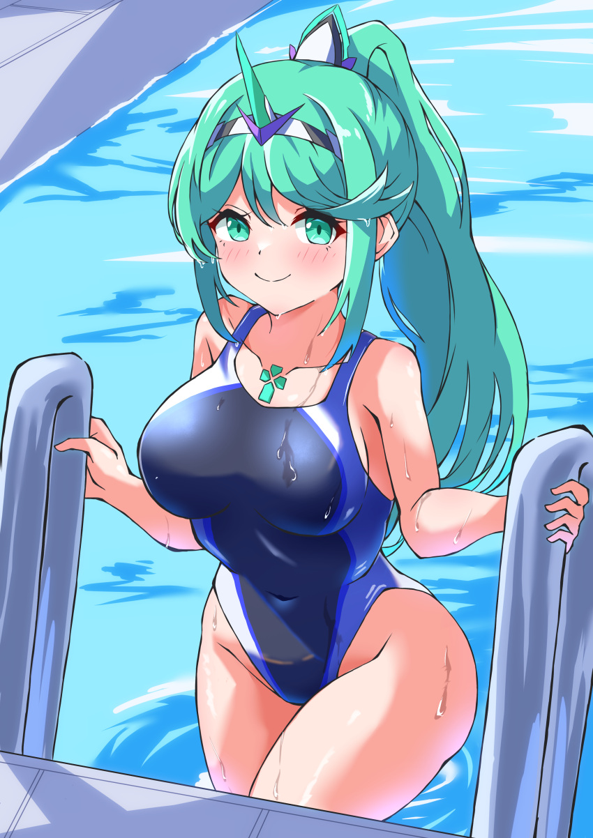 absurdres black_one-piece_swimsuit blush breasts chest_jewel collarbone competition_swimsuit covered_navel cowboy_shot cross female green_eyes green_hair highres large_breasts long_hair looking_at_viewer multicolored_clothes multicolored_swimsuit nose_blush one-piece_swimsuit otama_(otama_ladle23) pneuma_(xenoblade) ponytail pool pool_ladder solo swept_bangs swimsuit tiara water xenoblade_chronicles_(series) xenoblade_chronicles_2