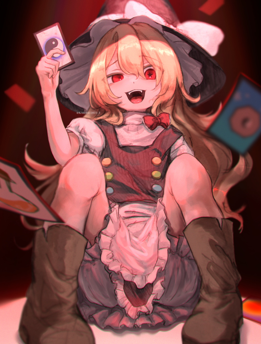 100th_black_market ability_card_(touhou) absurdres apron black_vest blonde_hair bloomers boots bow commentary crazy_smile female hairbow hat hat_bow highres karasu2020_8 kirisame_marisa long_hair looking_at_viewer mismatched_pupils open_mouth puffy_short_sleeves puffy_sleeves red_bow red_eyes short_sleeves sitting smile solo star-shaped_pupils star_(symbol) symbol-shaped_pupils teeth tongue touhou twitter_username upper_teeth_only very_long_hair vest waist_apron white_apron white_bloomers white_bow witch_hat yin_yang