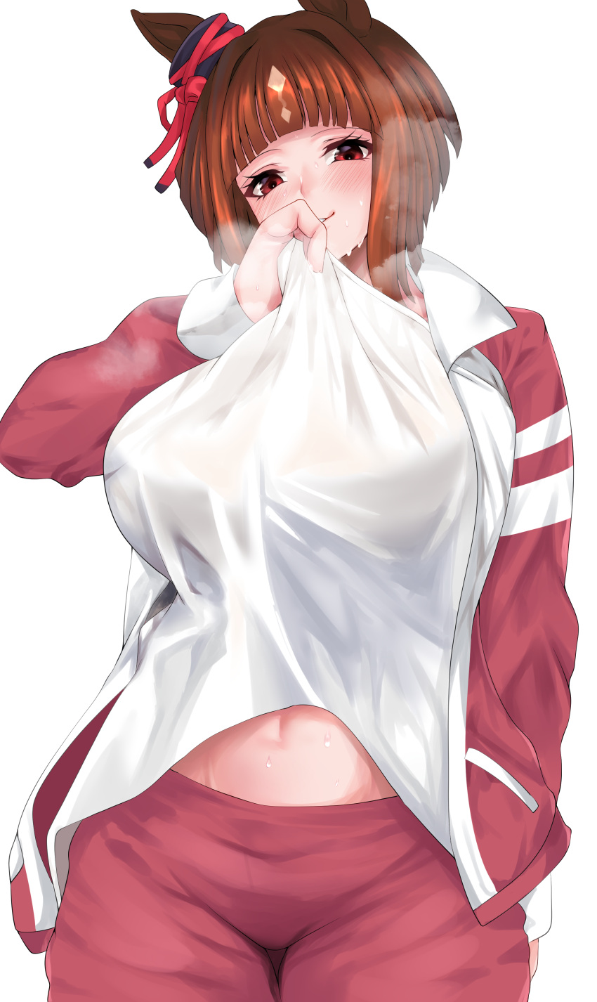 absurdres animal_ears blush breasts brown_hair clothes_lift commentary_request cowboy_shot ear_ornament female gym_uniform hand_in_pocket highres hisagi_(hisagi00) horse_ears horse_girl horse_tail jacket large_breasts long_sleeves midriff multicolored_hair navel open_clothes open_jacket red_eyes red_jacket shirt shirt_lift short_hair simple_background smile solo streaked_hair sweat tail transcend_(umamusume) umamusume white_background white_hair white_shirt