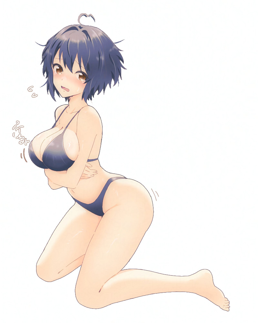 22/7 ahoge arms_under_breasts barefoot bikini black_bikini blue_hair blush breasts brown_eyes dark_blue_hair female flying_sweatdrops from_side full_body gabrieltenma77 highres kneeling looking_at_viewer looking_to_the_side motion_lines open_mouth short_hair simple_background solo string_bikini swimsuit takigawa_miu wavy_hair wavy_mouth white_background