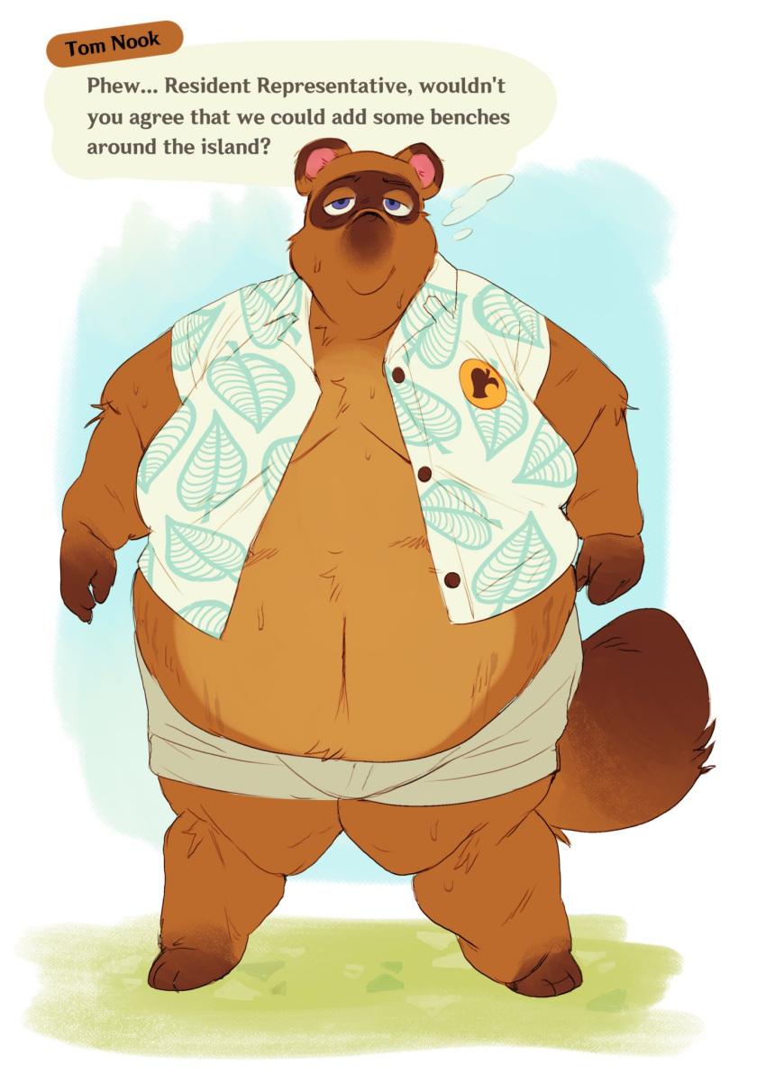 2024 animal_crossing anthro belly big_belly blue_eyes bottomwear brown_body canid canine clothed clothing dialogue english_text hi_res male mammal moobs nintendo obese obese_male open_clothing open_shirt open_topwear overweight overweight_male raccoon_dog shirt shorts solo sunflarefats tanuki text tom_nook_(animal_crossing) topwear