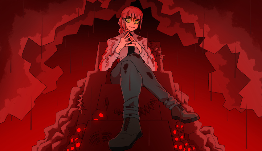 absurdres blood blood_on_clothes braid braided_ponytail breasts chainsaw_man commentary crossed_legs english_commentary female highres kryptikus large_breasts makima_(chainsaw_man) rain raining_blood red_hair ringed_eyes sidelocks sitting smile solo steepled_fingers throne yellow_eyes