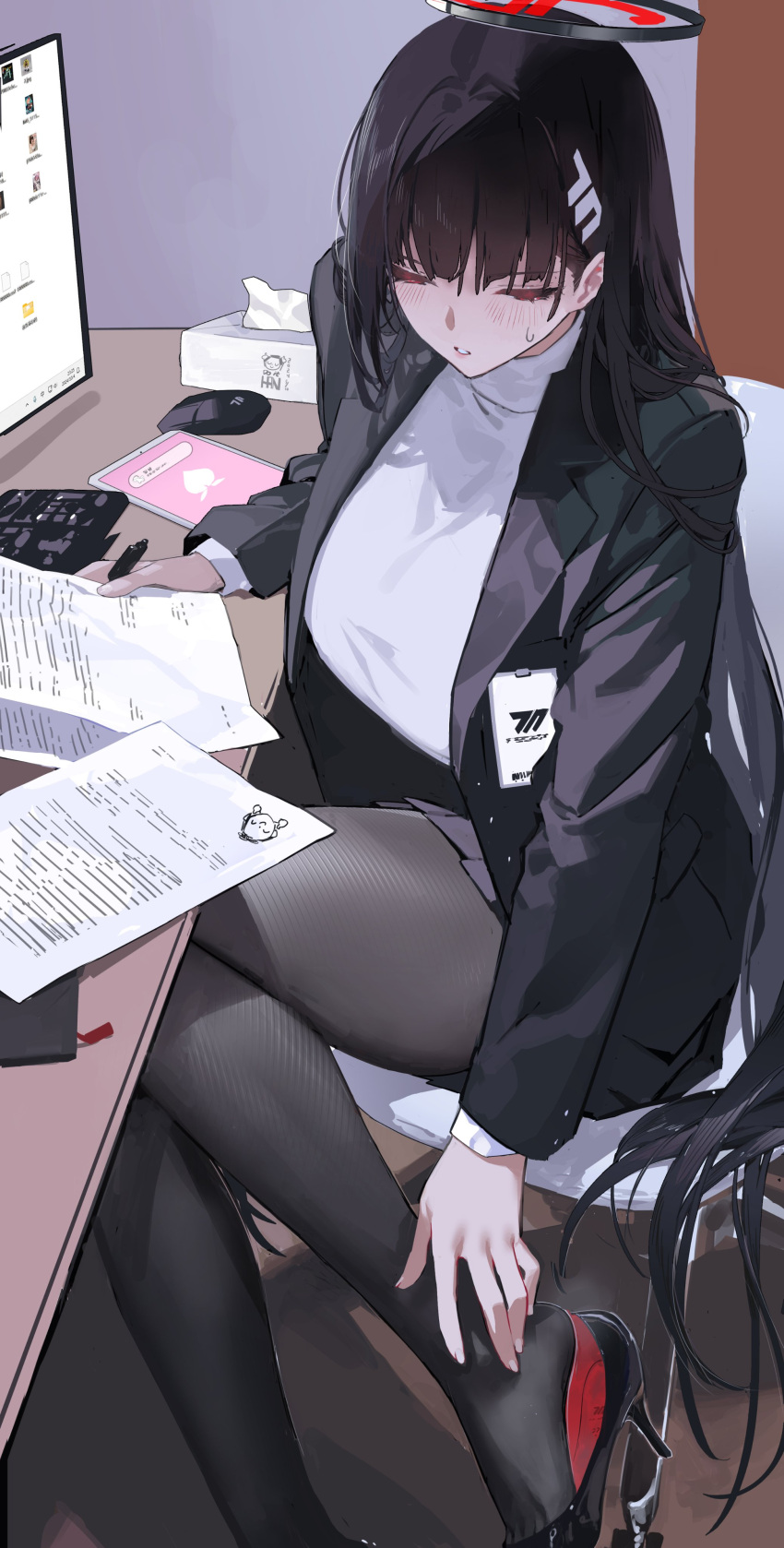 absurdres black_coat black_hair black_skirt blue_archive closed_eyes coat hair_ornament hairclip halo han-0v0 hand_on_own_leg high_heels highres office office_lady pantyhose rio_(blue_archive) shirt sitting skirt white_shirt