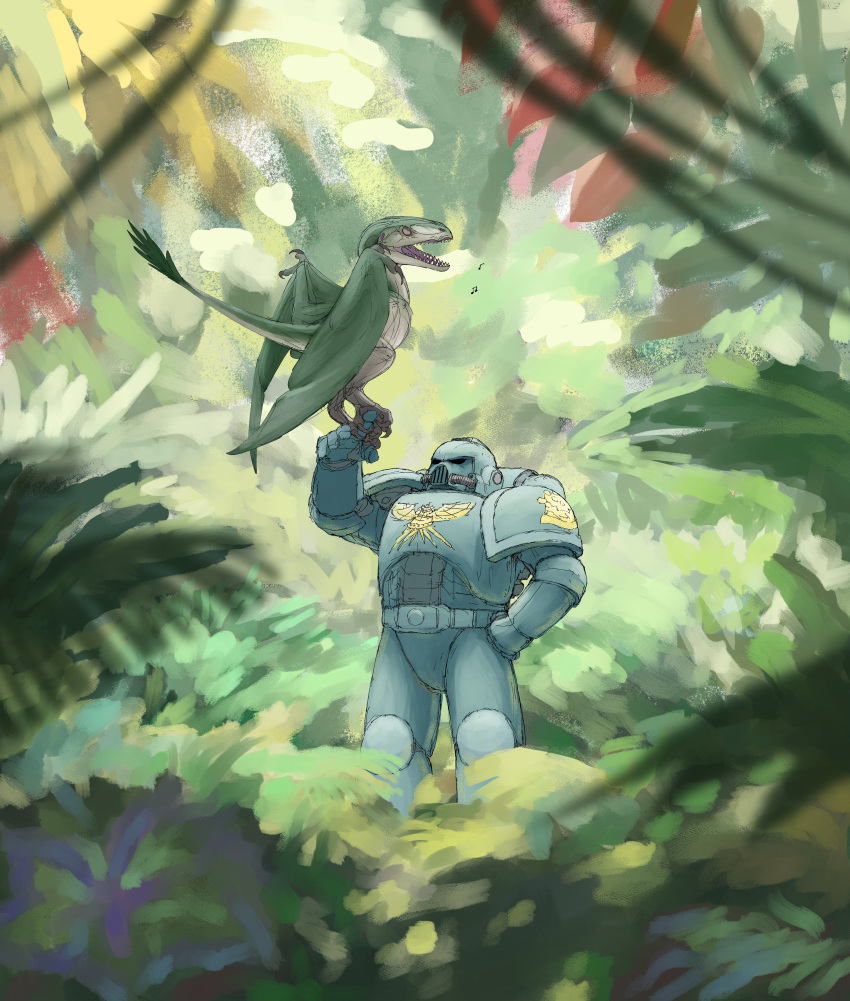 2023 absurd_res ambiguous_gender armor blue_armor claws closed_eyes detailed_background digital_media_(artwork) digital_painting_(artwork) dragon duo european_mythology feral fern forest forest_background from_behind_position green_body hand_on_hip hi_res human jungle jungle_background leaf looking_at_another machine male mammal membrane_(anatomy) membranous_wings musical_note musical_symbol mythological_creature mythological_scalie mythology nature nature_background nictitating_membranes open_mouth palm_tree perching_position plant power_armor presenting_finger purple_mouth raised_arm red_leaves scalie sex side_view singing space_marine standing standing_on_another symbol tail tail_tuft tree tuft vines warhammer_(franchise) warhammer_40000 western_dragon white_body wings wyvern yellow_leaves zw3