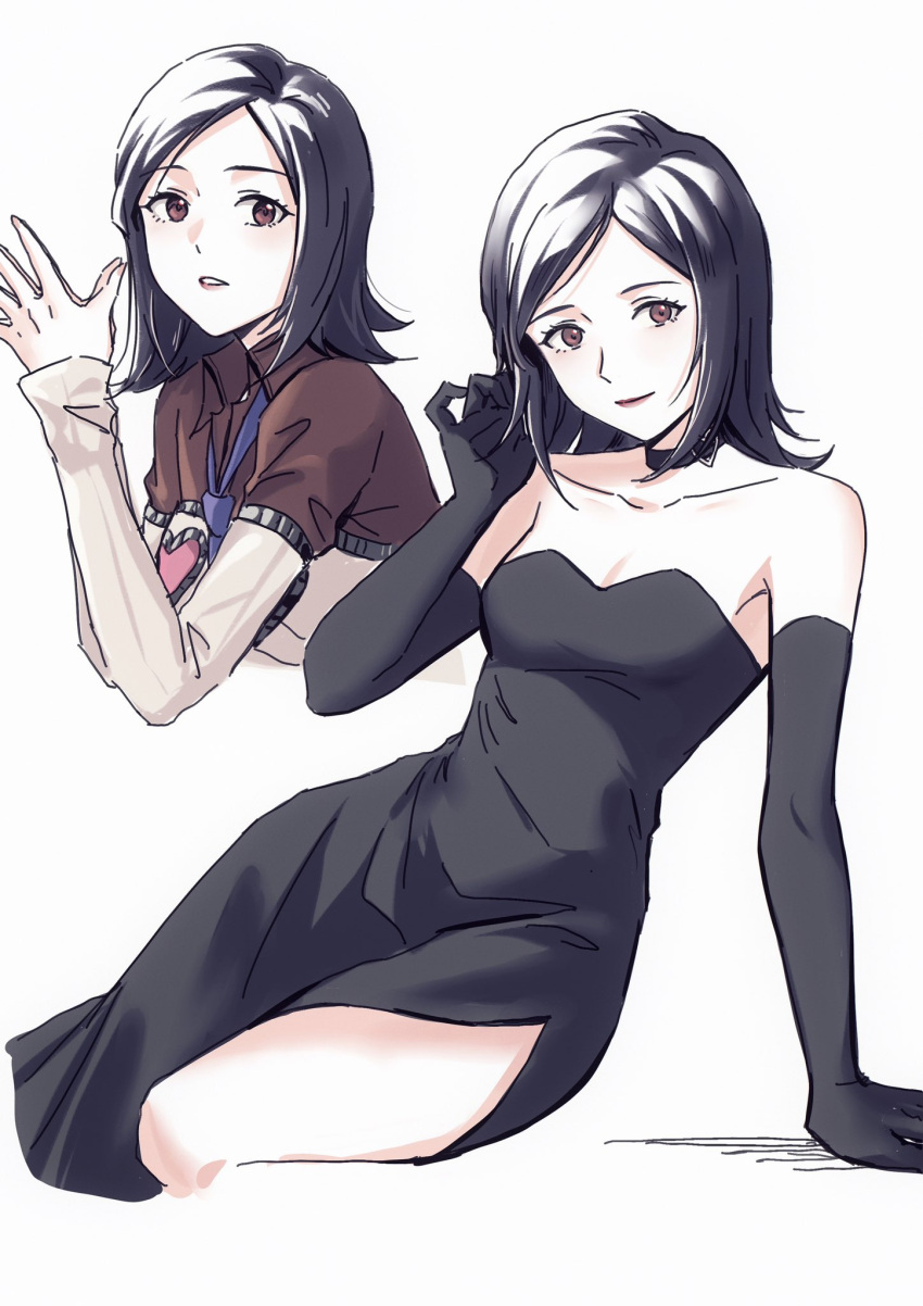 alternate_costume amano_maya bare_shoulders black_choker black_dress black_gloves black_hair breasts brown_eyes choker closed_mouth dress elbow_gloves female gloves highres ikooto111 long_sleeves looking_at_viewer medium_breasts multiple_views necktie own_hands_together persona persona_2 persona_2_batsu simple_background sitting strapless strapless_dress white_background