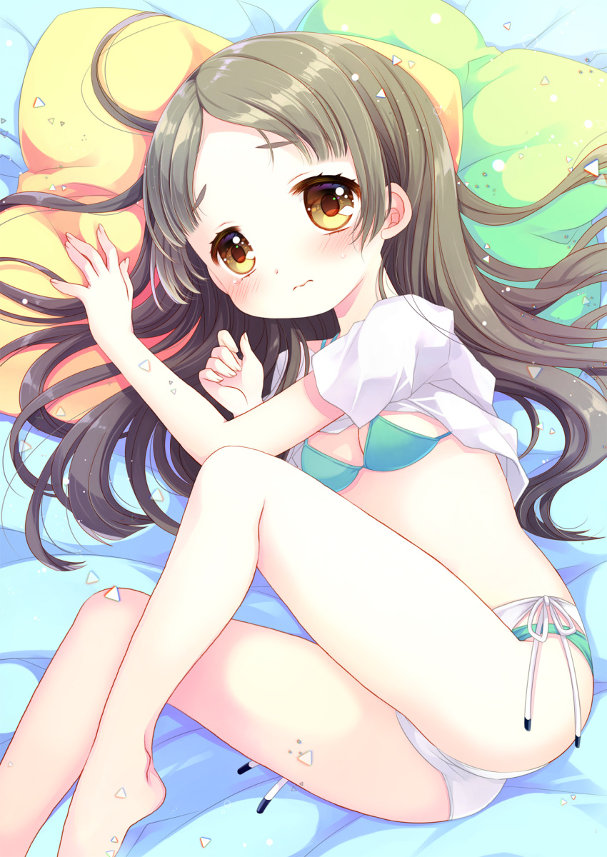 arm_up ass bare_legs barefoot bed_sheet bikini blue_bikini blush breasts brown_eyes brown_hair closed_mouth commentary_request feet_out_of_frame female forehead gakuen_idolmaster hand_up highres idolmaster kuramoto_china layered_bikini long_hair looking_at_viewer lying on_side parted_bangs pillow sakurazawa_izumi shirt short_eyebrows short_sleeves small_breasts solo swimsuit thick_eyebrows very_long_hair wavy_mouth white_bikini white_shirt