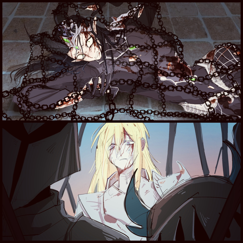 3boys armor black_hair bleeding blonde_hair blood blood_on_clothes blood_on_face blood_on_hands chains constricted_pupils dragon_girl dragon_horns entangled female highres horns injury knight knight_of_the_dawn_(twisted_wonderland) long_hair looking_at_another lying meleanor_draconia multiple_boys on_side pointy_ears purple_eyes reeeeehannnnnn twisted_wonderland