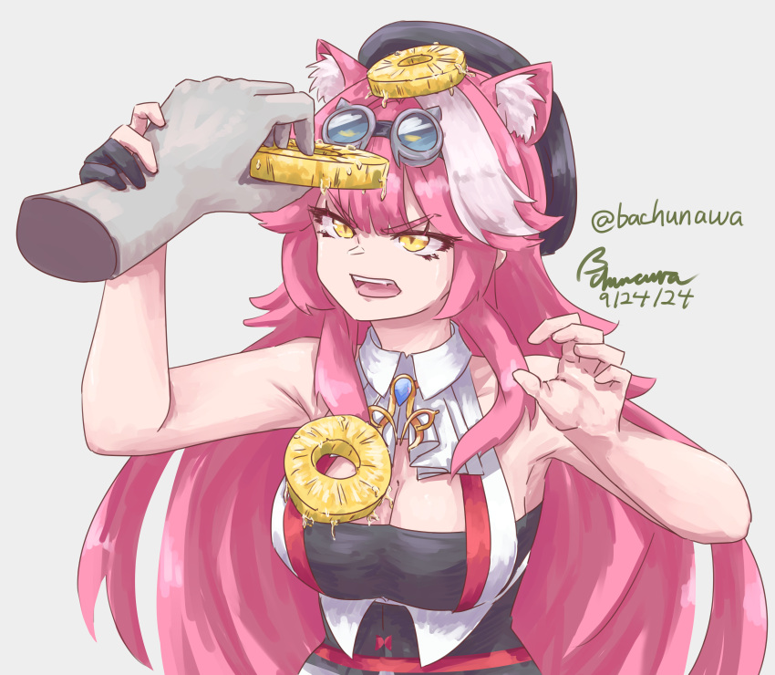 absurdres angry animal_ear_fluff animal_ears armpits artist_glove bachunawa bare_shoulders beret black_hat black_tube_top breasts cat_ears cat_girl commentary dated disembodied_hand english_commentary fangs female food food_on_body food_on_breasts food_on_head fruit goggles goggles_on_head hat highres holding_another's_wrist hololive hololive_english large_breasts long_hair looking_up object_on_head pineapple pineapple_slice pink_hair raora_panthera raora_panthera_(1st_costume) signature strapless tube_top twitter_username vest virtual_youtuber white_hair yellow_eyes