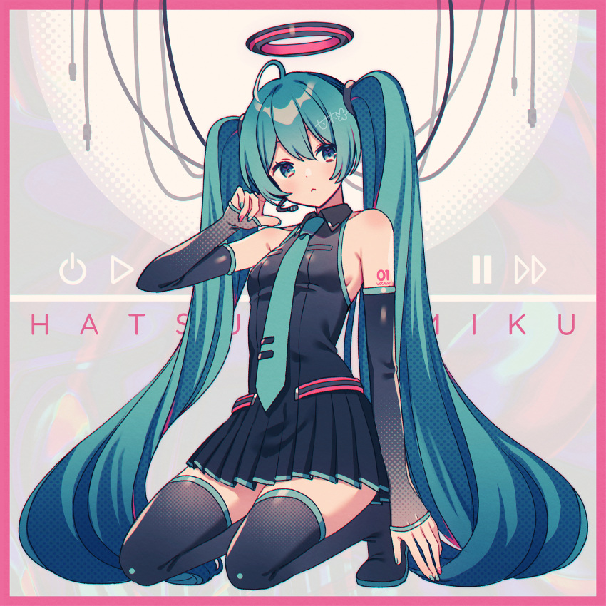 :< amagi_hana black_footwear black_shirt black_skirt boots border breasts cable collared_shirt commentary_request detached_sleeves fast_forward_button female green_eyes green_hair green_nails green_necktie grey_background halo hatsune_miku highres kneeling long_hair looking_at_viewer nail_polish necktie number_tattoo pause_button pink_nails play_button power_bottom shirt shoulder_tattoo sideboob simple_background skirt sleeveless sleeveless_shirt small_breasts solo tattoo thigh_boots twintails very_long_hair vocaloid