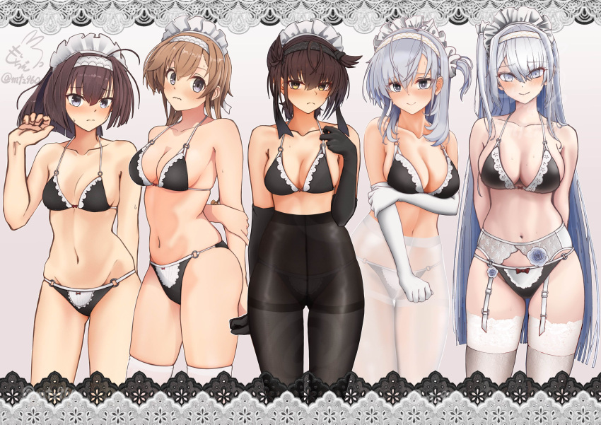 5girls absurdres ahoge akizuki_(kancolle) alternate_costume armpit_crease arms_behind_back ass_visible_through_thighs bare_shoulders bikini bikini_day black_bikini blush border breasts brown_hair cleavage closed_mouth commentary_request cowboy_shot elbow_gloves enmaided frilled_bikini frills frown fuyutsuki_(kancolle) garter_belt gloves gradient_background grey_eyes grey_hair hair_between_eyes hair_horns hairband hatsuzuki_(kancolle) highres kantai_collection large_breasts light_brown_hair long_hair looking_at_viewer low_twintails maid maid_bikini maid_headdress medium_breasts medium_hair mochizou multiple_girls navel o-ring o-ring_bikini o-ring_bottom o-ring_top one_side_up orange_background orange_hair panties pantyhose signature simple_background small_breasts smile standing stomach suzutsuki_(kancolle) swimsuit teruzuki_(kancolle) thighhighs twintails twitter_username unconventional_maid underwear very_long_hair wavy_mouth white_border white_gloves white_hairband white_thighhighs yellow_eyes