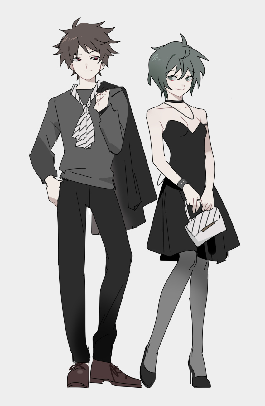 1boy alternate_costume ascot bag black_choker black_dress black_footwear black_jacket black_pants black_pantyhose black_shirt bracelet breasts brown_footwear brown_hair choker cleavage closed_mouth dress female full_body green_eyes green_hair grey_background hand_on_own_hip harada_minoru height_difference high_heels highres holding holding_bag holding_jacket holding_unworn_clothes isoi_rai jacket jewelry long_sleeves necklace pants pantyhose red_eyes ring saibou_shinkyoku shirt shoes short_hair simple_background small_breasts smile strapless strapless_dress striped_ascot white_ascot white_bag wobuzaia