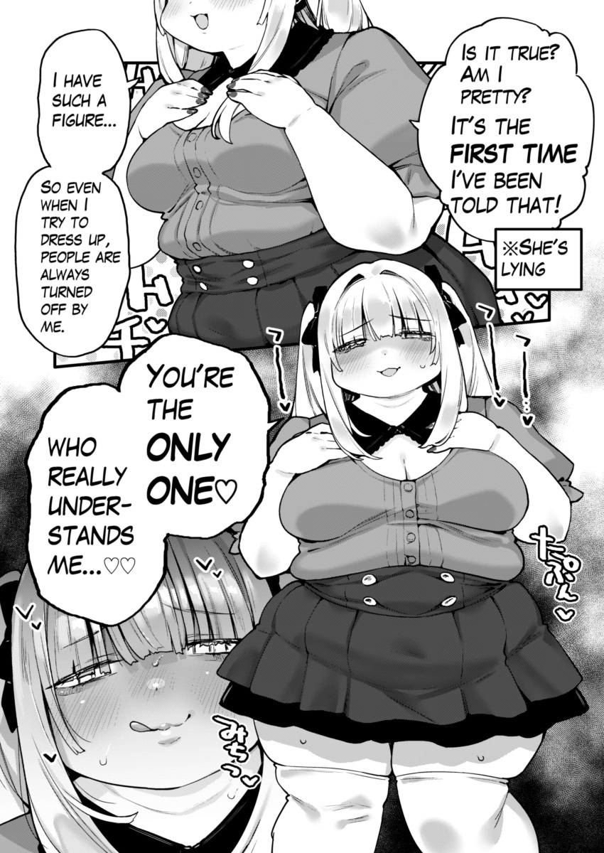 absurdres blush breasts closed_mouth cowboy_shot fat female fusa_(starless2323) greyscale highres large_breasts looking_at_viewer monochrome multiple_views open_mouth original speech_bubble sweat thick_thighs thighs upper_body