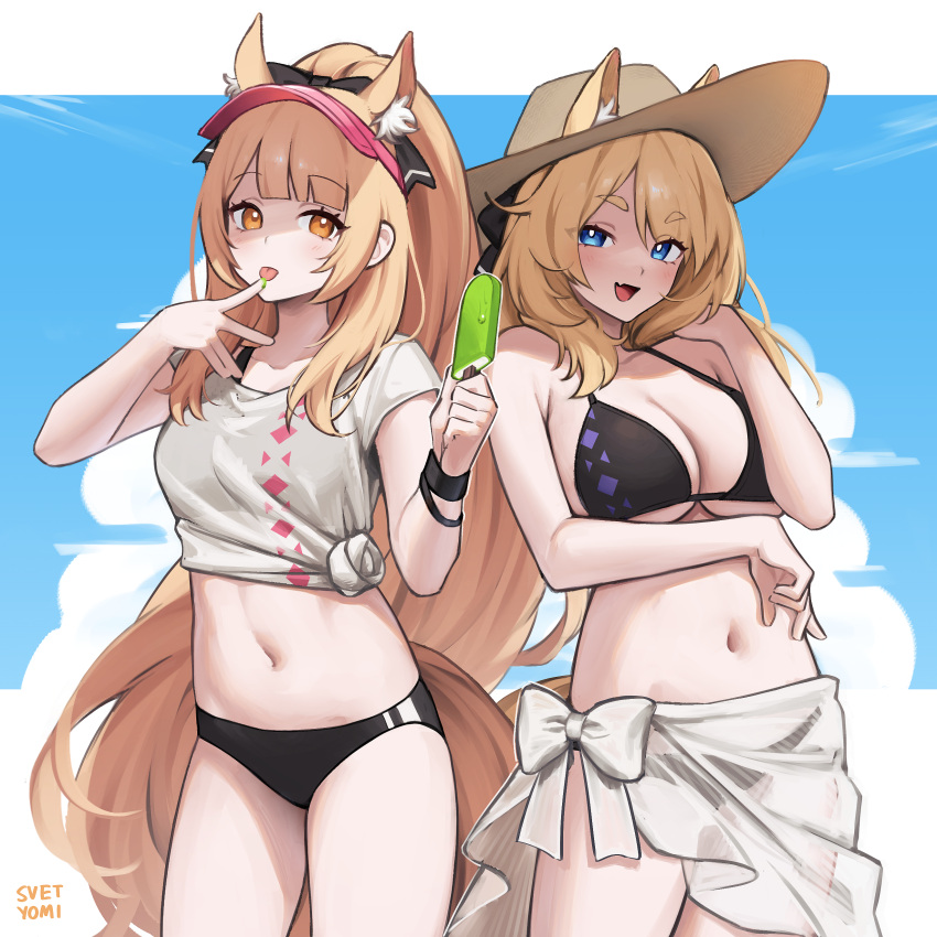 2girls :d absurdres animal_ear_fluff animal_ears arknights aunt_and_niece bikini black_bikini black_bow black_panties blemishine_(arknights) blonde_hair blue_eyes bow breasts brown_hat brown_tail cleavage collarbone commentary cowboy_shot crop_top ears_through_headwear english_commentary food grey_shirt hairbow hand_on_own_shoulder hands_up hat highres holding holding_food holding_ice_cream ice_cream large_breasts licking licking_finger long_hair looking_at_viewer multiple_girls navel oerba_yun_fang open_mouth panties sarong see-through_clothes see-through_sarong shirt short_sleeves skin_fang smile standing sun_hat svet_yomi swimsuit t-shirt tail tied_shirt tongue tongue_out underwear visor_cap whislash_(arknights) white_bow white_sarong yellow_tail