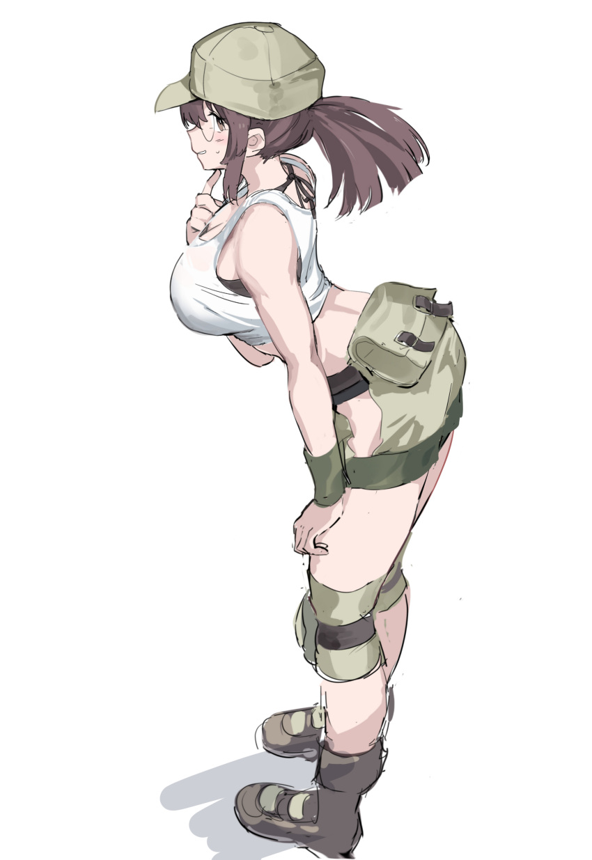 absurdres baseball_cap breasts brown_hair commentary crop_top female fio_germi from_side glasses hat highres huanxiang_huifeng knee_pads large_breasts leaning_forward looking_at_viewer metal_slug midriff ponytail round_eyewear smile solo symbol-only_commentary tank_top white_background