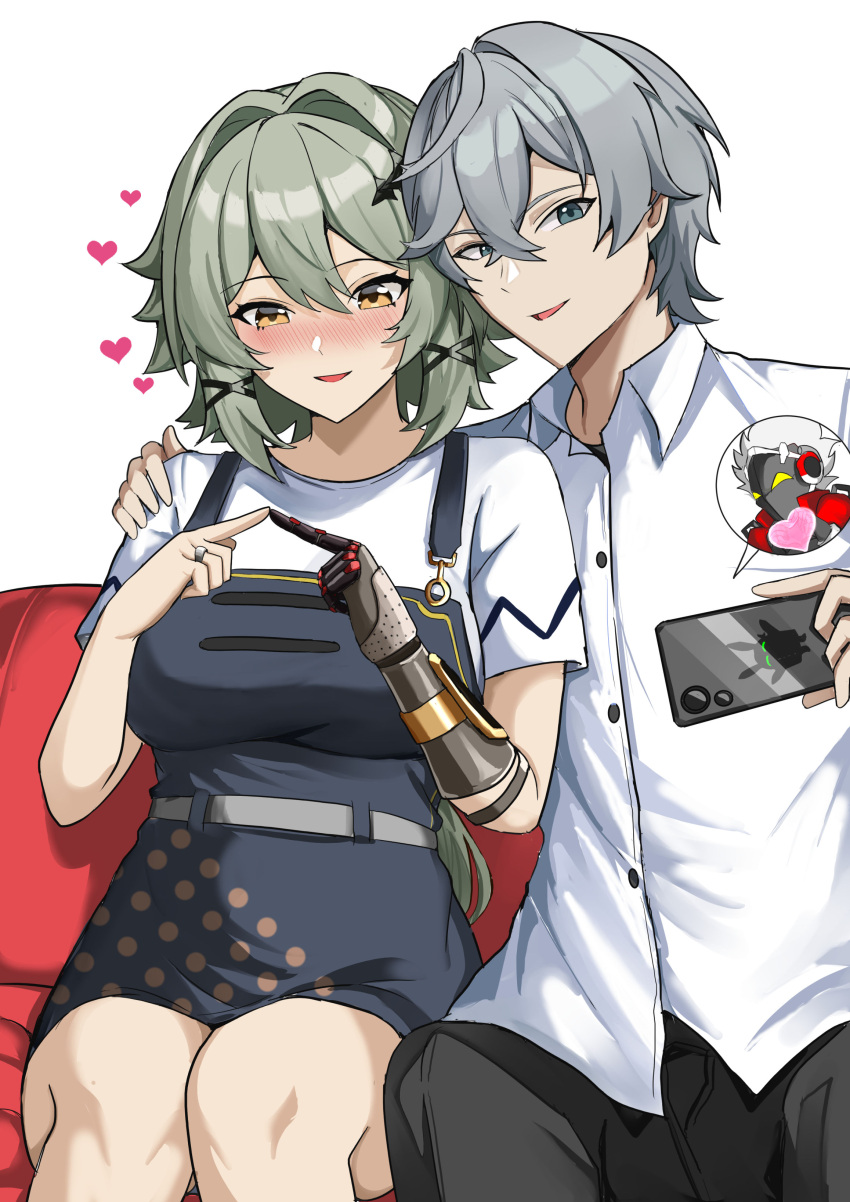 1boy absurdres apron billy_kid black_apron black_pants blush caesar_king_(zenless_zone_zero) cellphone collared_shirt commentary english_commentary female green_hair grey_eyes grey_hair hair_intakes heart highres holding holding_phone index_fingers_together mechanical_arms open_mouth pants phone shirt single_mechanical_arm sitting smartphone smile tian_kazuki white_shirt wise_(zenless_zone_zero) yellow_eyes zenless_zone_zero