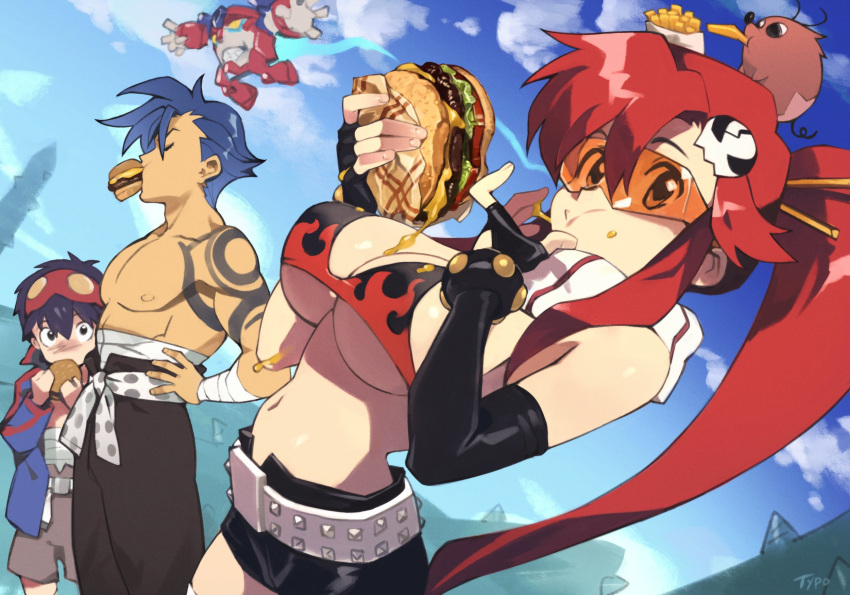 2boys bikini bikini_top_only blue_hair boota_(ttgl) breasts female fingerless_gloves gloves hair_ornament highres kamina_(ttgl) kamina_shades lagann large_breasts long_hair multiple_boys navel optionaltypo ponytail red_hair simon_(ttgl) skull_hair_ornament swimsuit tattoo tengen_toppa_gurren_lagann topless_male yellow_eyes yoko_littner