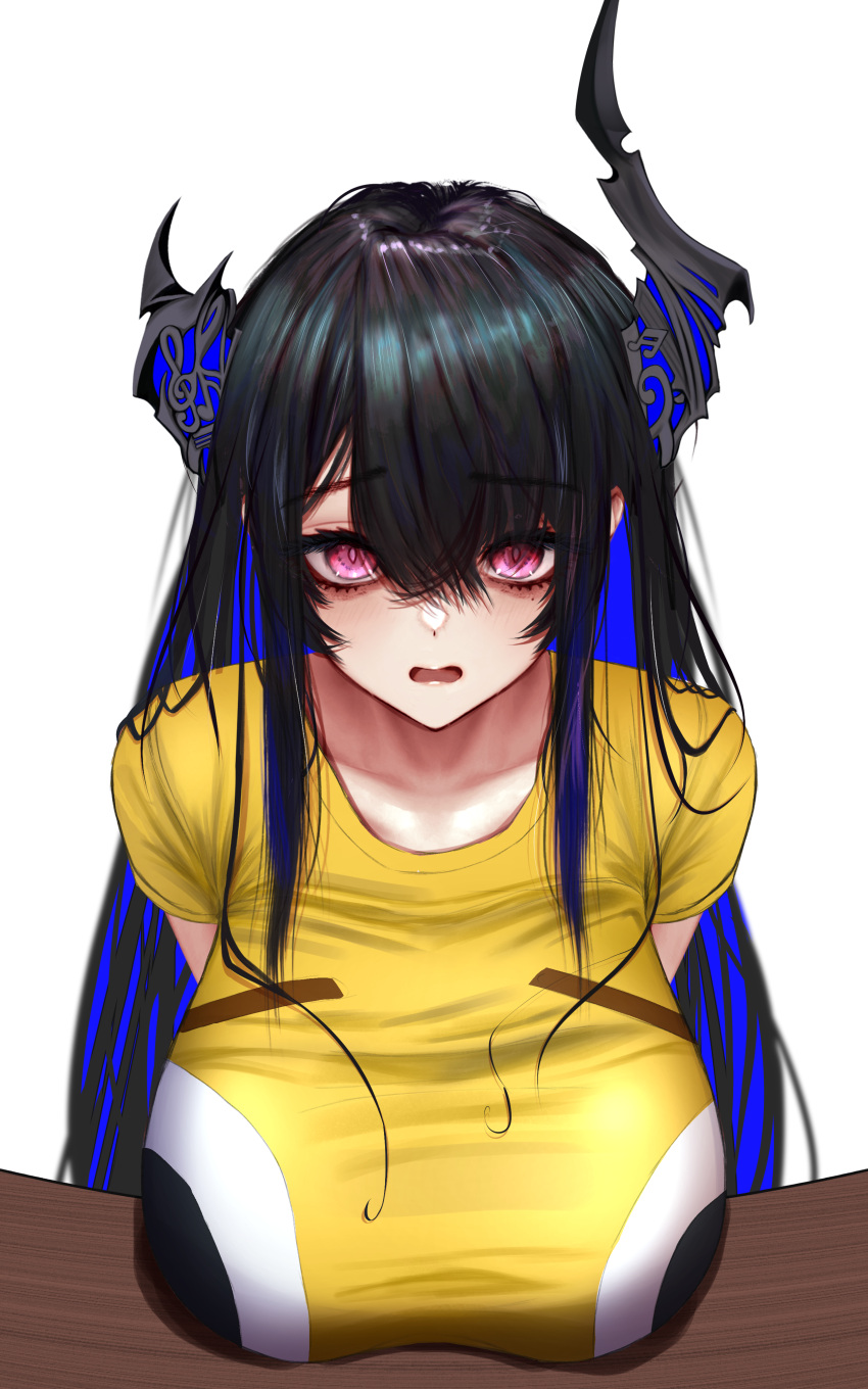 absurdres alternate_breast_size asymmetrical_horns black_hair blue_hair breasts colored_inner_hair demon_horns desk emoji female flushed_face_emoji flushed_face_emoji_shirt_(meme) hair_ornament highres hololive hololive_english horns huge_breasts long_hair looking_at_viewer meme mole mole_under_eye multicolored_hair nerissa_ravencroft red_eyes shirt short_sleeves soju_ice solo t-shirt two-tone_hair uneven_horns upper_body very_long_hair virtual_youtuber