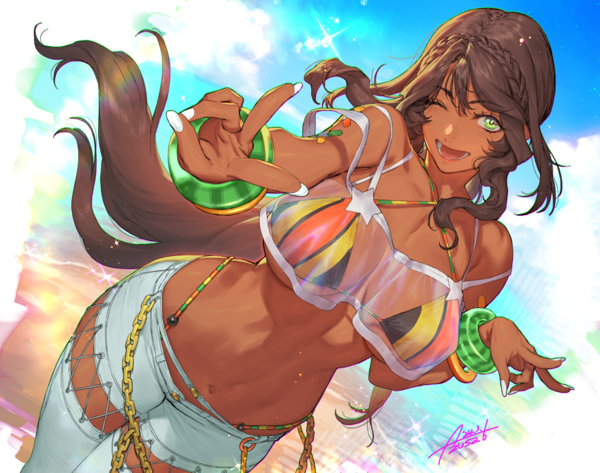 andromeda_(fate) andromeda_(second_ascension)_(fate) azusa_(hws) bandeau bare_shoulders beach bikini bikini_under_clothes blue_pants blue_sky blush bracelet braid breasts brown_hair chains cleavage criss-cross_halter crown_braid dark-skinned_female dark_skin denim fate/grand_order fate_(series) female green_eyes halterneck highleg highleg_bikini highres hydrokinesis jeans jewelry large_breasts long_hair looking_at_viewer low_ponytail multicolored_bikini multicolored_clothes navel one_eye_closed open_mouth pants rainbow_bikini see-through shore sidelocks sky smile solo stomach swimsuit textless_version v water