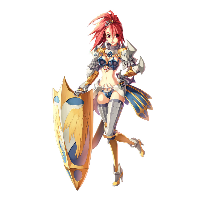 armor armored_boots bikini_armor black_thighhighs boots breasts cross_hair_ornament cross_of_prontera eyes_visible_through_hair faulds female full_body gauntlets hair_between_eyes hair_ornament high_heel_boots high_heels high_ponytail highres holding holding_shield jewelry leg_armor leona_(pixiv) long_bangs long_hair looking_at_viewer medium_breasts navel necklace official_art open_mouth pauldrons ragnarok_online red_hair royal_guard_(ragnarok_online) shield shoulder_armor simple_background smile solo standing standing_on_one_leg tachi-e thighhighs transparent_background