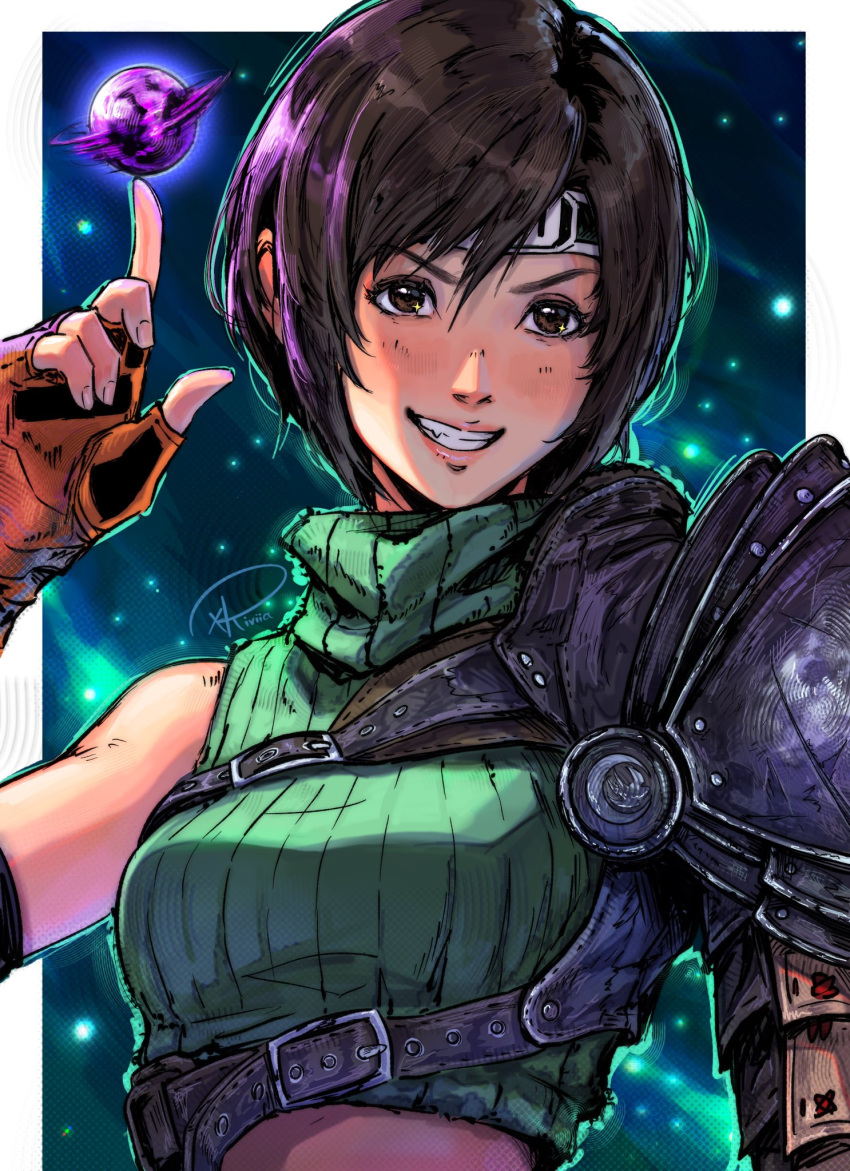 :d arm_at_side armor artist_name balancing_on_finger black_headband blush border bow breasts brown_eyes brown_gloves brown_hair chest_harness commentary crop_top cropped_sweater english_commentary female final_fantasy final_fantasy_vii final_fantasy_vii_remake fingerless_gloves forehead_protector gloves green_bow green_sweater grin hair_between_eyes halftone_texture hand_up harness headband highres index_finger_raised kuroiitulip looking_at_viewer materia medium_breasts midriff nose_blush outside_border pauldrons pink_lips pointing pointing_up ribbed_sweater short_hair shoulder_armor signature single_bare_shoulder single_pauldron sleeveless sleeveless_turtleneck smile solo sweater swept_bangs turtleneck turtleneck_sweater upper_body white_border yuffie_kisaragi