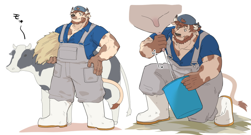 1boy animal_ears backwards_hat bara beard blue_overalls blue_shirt boots bovine brown_fur brown_hair bucket carrying carrying_under_arm chinstrap_beard cow_boy cow_ears cow_horns cow_tail erisu_(7575el) facial_hair farmer full_body furry furry_male hand_on_own_hip hat hay highres holding holding_bucket horns large_hands large_pectorals male_focus mature_male milking_cow multiple_views muscular muscular_male on_one_knee original overalls pectoral_cleavage pectorals shirt short_hair simple_background smile tail thick_beard thick_eyebrows two-tone_fur udder white_background