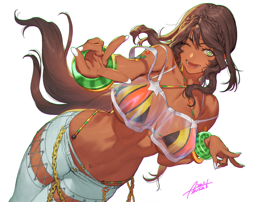 andromeda_(fate) andromeda_(second_ascension)_(fate) azusa_(hws) bandeau bare_shoulders bikini bikini_under_clothes blue_pants blush bracelet braid breasts brown_hair chains cleavage criss-cross_halter crown_braid dark-skinned_female dark_skin denim fate/grand_order fate_(series) female green_eyes halterneck highleg highleg_bikini highres hydrokinesis jeans jewelry large_breasts long_hair looking_at_viewer low_ponytail multicolored_bikini multicolored_clothes navel one_eye_closed open_mouth pants rainbow_bikini see-through sidelocks simple_background smile solo swimsuit v water white_background