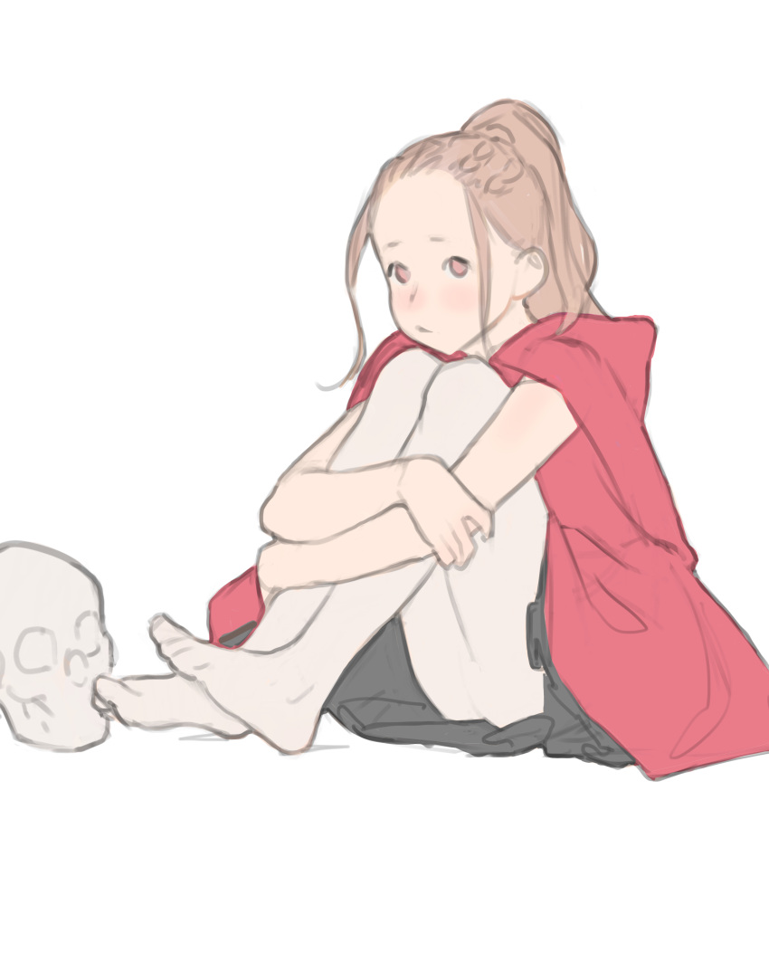 absurdres blush brown_eyes brown_hair closed_mouth coat commentary_request female highres hugging_own_legs looking_at_viewer luimiart original pantyhose ponytail pout red_coat simple_background skull solo white_background white_pantyhose