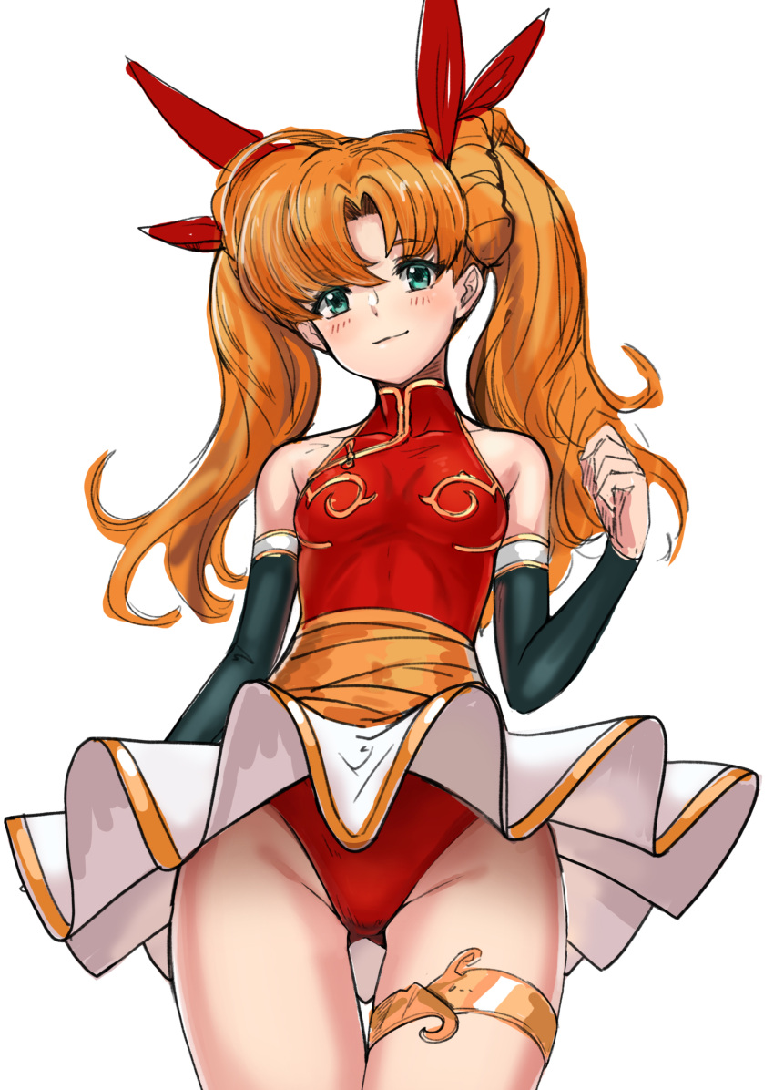 absurdres aqua_eyes bare_shoulders blush bow breasts closed_mouth commentary_request female gold_trim hairbow highleg highleg_leotard highres korean_commentary langrisser langrisser_iii leotard long_hair looking_at_viewer mhg_(hellma) miniskirt orange_hair pleated_skirt red_leotard simple_background skirt sleeveless small_breasts smile solo thigh_strap thighlet thighs tiaris_(langrisser) turtleneck twintails white_background