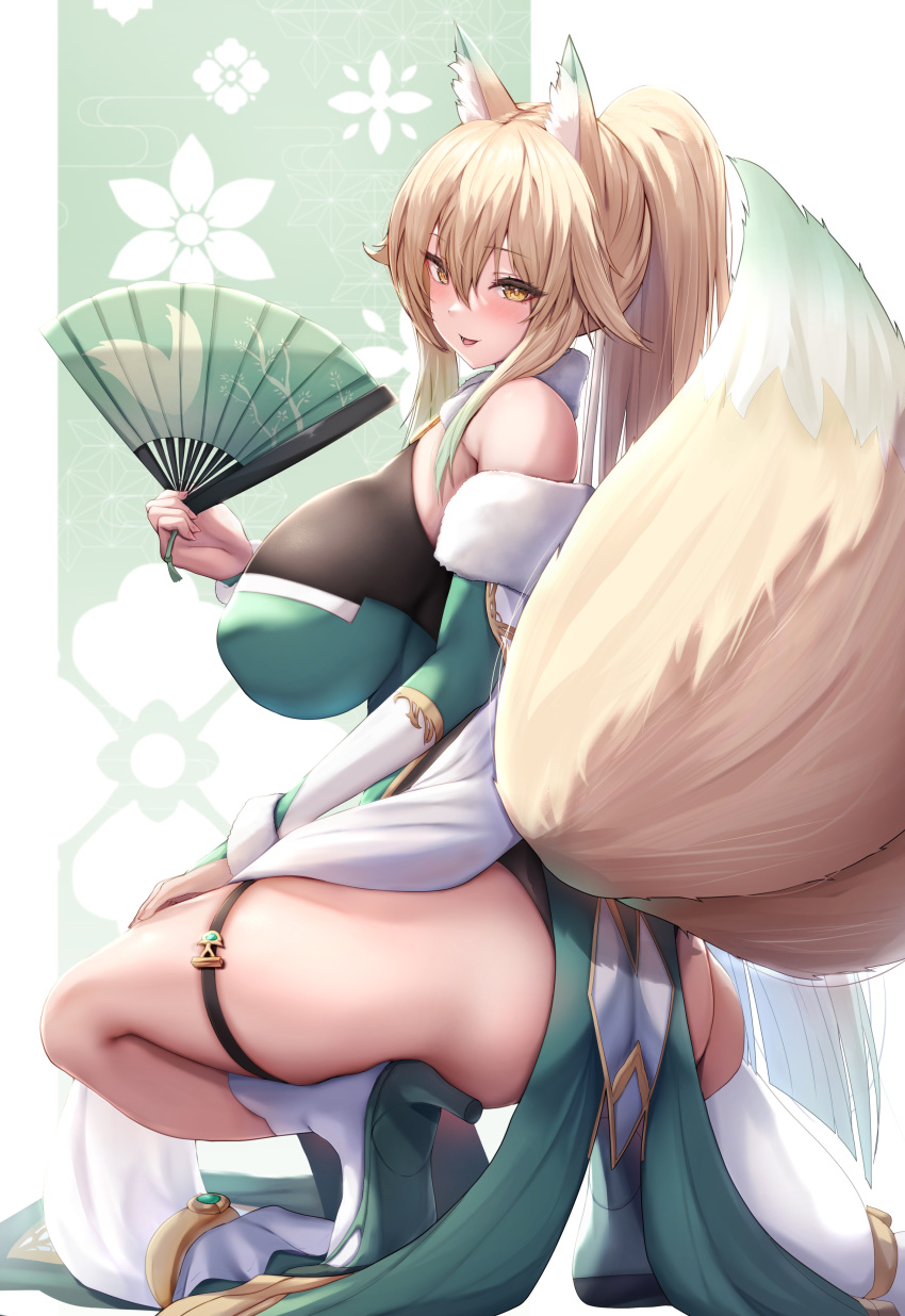 absurdres animal_ears bare_shoulders blonde_hair blush breasts commentary_request commission female folding_fan fox_ears fox_girl fox_tail from_behind green_footwear hand_fan high_heels highres holding holding_fan huge_breasts long_hair looking_at_viewer looking_back original parted_lips ponytail sidelocks skeb_commission smile socks solo squatting suirin_(tukikagerou) tail thigh_strap thighs tiri_man white_socks yellow_eyes