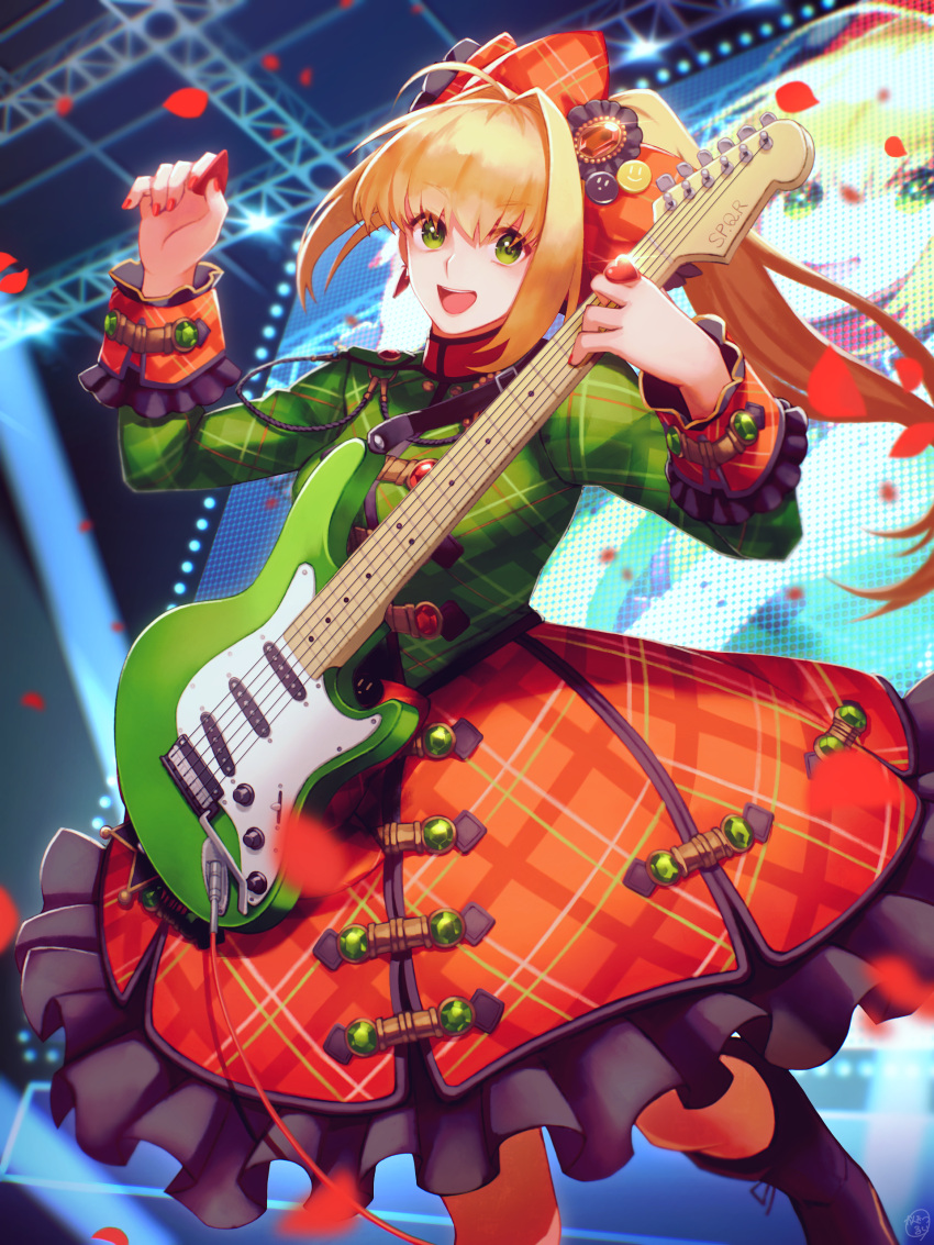 absurdres ahoge blonde_hair braid breasts fate/extra fate/grand_order fate_(series) female french_braid green_eyes green_shirt guitar hair_between_eyes hair_intakes hair_ornament highres instrument kankitsurui_(house_of_citrus) large_breasts long_hair long_sleeves looking_at_viewer nero_claudius_(fate) nero_claudius_(fate/extra) nero_claudius_(lostroom_outfit)_(fate) official_alternate_costume open_mouth orange_skirt petals plectrum shirt side_ponytail skirt smile solo