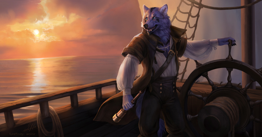 2022 5_fingers anthro black_nose blue_eyes boat canid canine canis clothed clothing cloud day detailed_background digital_media_(artwork) fingers hi_res holding_object karlos_(character) male mammal open_mouth outside sailor sea signature sky solo standing steering_wheel sun teeth telescope tongue vehicle water watercraft wolf wolnir