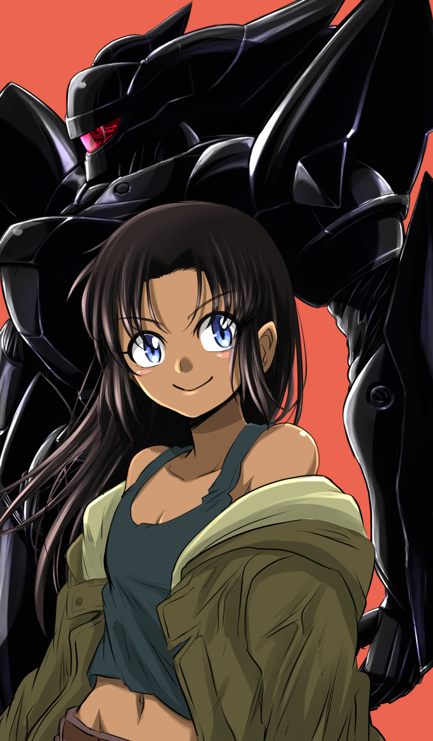 1boy assault_visor badrinath_harchand black_hair blue_eyes collarbone commentary_request dark-skinned_male dark_skin highres jacket jacket_on_shoulders kidou_keisatsu_patlabor long_hair looking_at_viewer male_focus mecha midriff navel otoko_no_ko red_background red_visor robot simple_background smile solo tank_top type_j-9_griffon zatou_(kirsakizato)