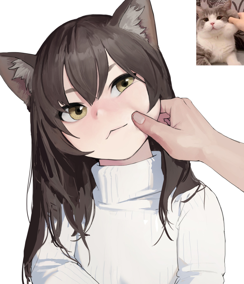 :< animal_ear_fluff animal_ears bad_id bad_twitter_id brown_hair cat_ears cheek_pinching commentary derivative_work dongho_kang feline female head_tilt highres long_hair looking_at_viewer original photo-referenced photo_inset pinching reference_inset ribbed_sweater simple_background solo_focus sweater symbol-only_commentary turtleneck turtleneck_sweater white_background yellow_eyes